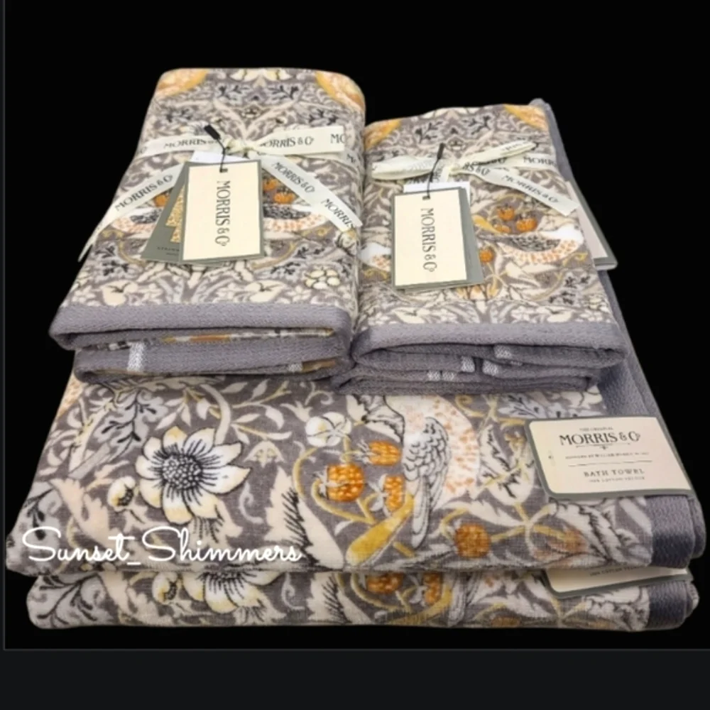 6pc Morris & Co Strawberry Thief Bird & Floral Velour Bath Hand Tip Towel Set